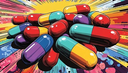A fun and dynamic cartoon of various pills spilling across a bold, bright background, each pill uniquely shaped and colored