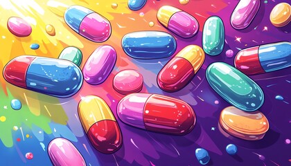 A fun and dynamic cartoon of various pills spilling across a bold, bright background, each pill uniquely shaped and colored