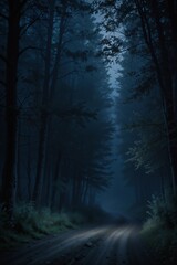 Fototapeta premium A mysterious foggy road at night surrounded by dense forest. The eerie atmosphere creates a sense of suspense and mystery.