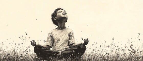 A peaceful kid sitting crosslegged in a grassy meadow, tiny flowers blooming around, drawn in detailed graphite pencil