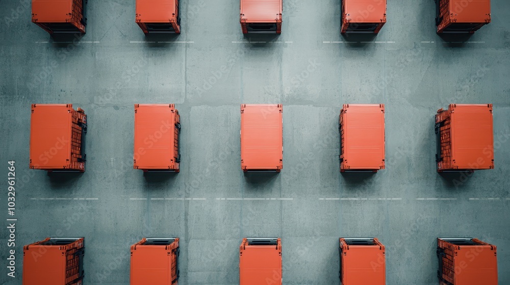 Poster aerial view of neatly arranged red containers on a concrete surface, showcasing a symmetrical patter