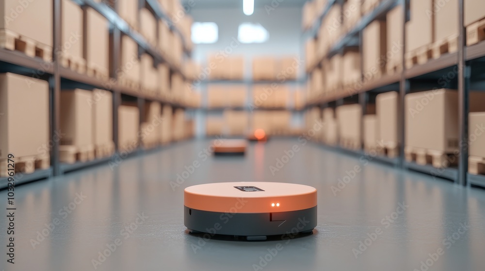 Poster a warehouse scene featuring autonomous robots navigating through aisles filled with neatly stacked b