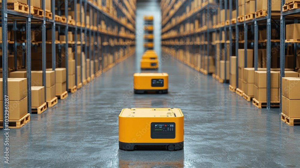 Poster a modern warehouse features autonomous robots navigating among rows of stacked boxes on pallets.