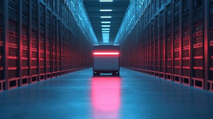 A futuristic robotic vehicle navigates a dimly lit warehouse lined with glowing shelves, creating an atmosphere of advanced technology.