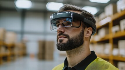 A man wearing smart glasses in a warehouse, focusing on tasks, showcasing innovation and technology in a professional environment.