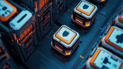 Naklejka premium A futuristic data center with illuminated storage units, showcasing advanced technology and intricate designs.