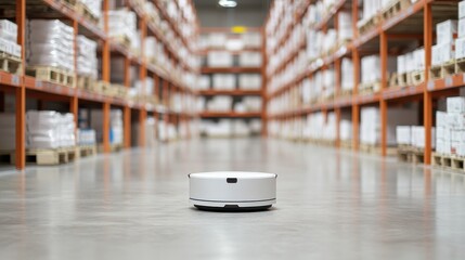A small robotic vacuum navigates a warehouse aisle filled with stacked boxes, showcasing automation in inventory management.