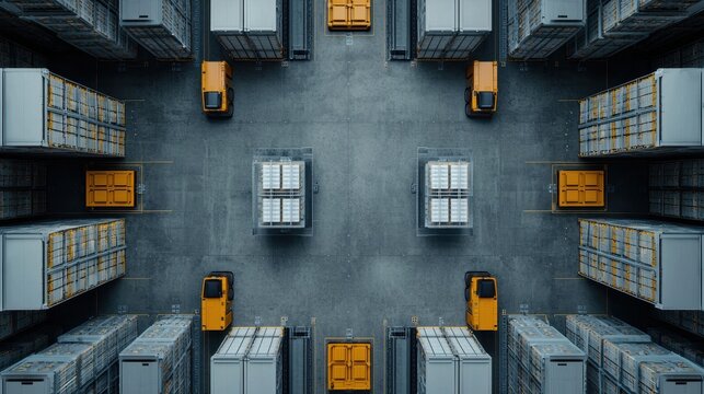 Aerial view of a modern warehouse showcasing organized storage, with forklifts moving between stacked containers on a concrete floor.