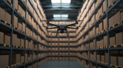 A drone hovers between rows of stacked boxes in a large warehouse, showcasing modern inventory management and automation technology.