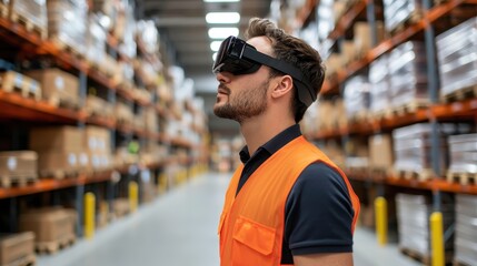 A man wearing augmented reality glasses stands in a warehouse, surrounded by shelves filled with boxes, showcasing modern technology in logistics.