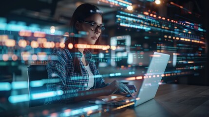 Focused Woman Working on Laptop in Modern Environment