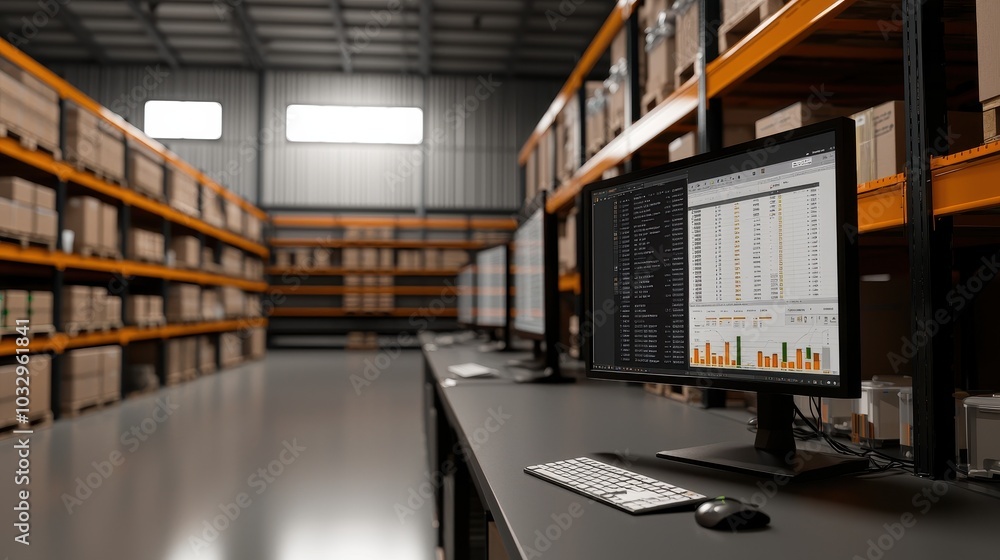Poster a modern warehouse setting featuring computers on a desk, with shelves stacked with boxes in the bac
