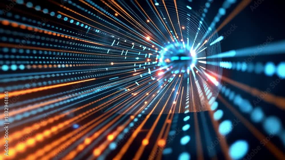 Poster In an engaging visual representation, vibrant blue and orange dots converge to form a tunnel, symbolizing movement and speed through a mesmerizing light display.