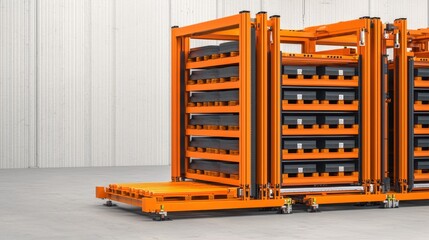A set of orange storage racks on wheels, designed for efficient organization and transportation of items in a warehouse or industrial setting.