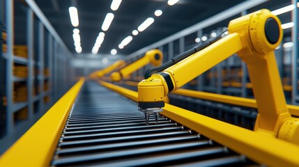 A modern robotic arm operates on a conveyor belt in a warehouse, showcasing automation and efficiency in industrial processes.