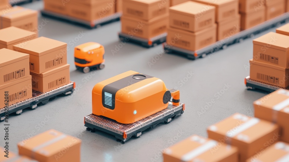 Poster a bustling warehouse scene featuring automated robots transporting orange containers among stacks of