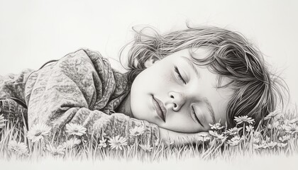 A calm child resting in a field of grass with miniature flowers, captured in soft graphite pencil monochrome sketch