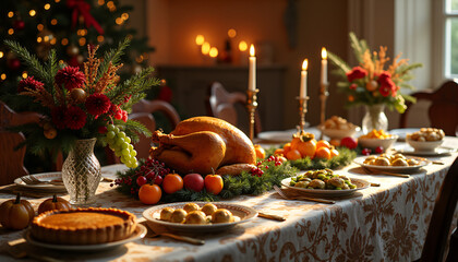 Christmas Feast Set on Elegant Holiday Dinner Table