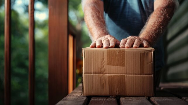 Precision Delivery: Hands of Delivery Man Placing Cardboard Box on Porch with Sunlight Shadows and Textured Details