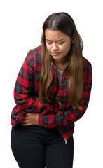 Young beautiful brunette woman wearing a jacket over isolated background with hand on stomach because nausea, painful disease feeling unwell. Ache concept.