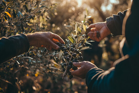 Olive harvest at sunset with hands carefully picking ripe fruit in an Italian orchard during autumn season - Powered by Adobe