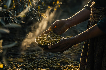 A farmer collects freshly harvested olives in a sunlit grove during the autumn season, showcasing the traditional method of olive gathering