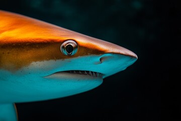 Mystic portrait of Blacktip Reef Shark, copy space on right side, Close-up View, isolated on black background