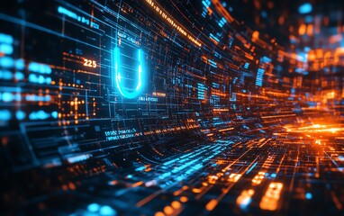 Fototapeta premium Dynamic 3D rendering of a timeline with a glowing blue pin for 2025, surrounded by digital holographic lines and floating data symbols