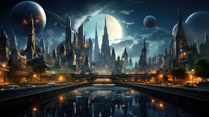 Fototapeta premium Futuristic Cityscape with Moons and Planets