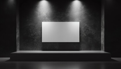 Obraz premium Modern art gallery with a blank white canvas displayed on a smooth wall, detailed 3D rendering with dramatic spotlight lighting and clean lines