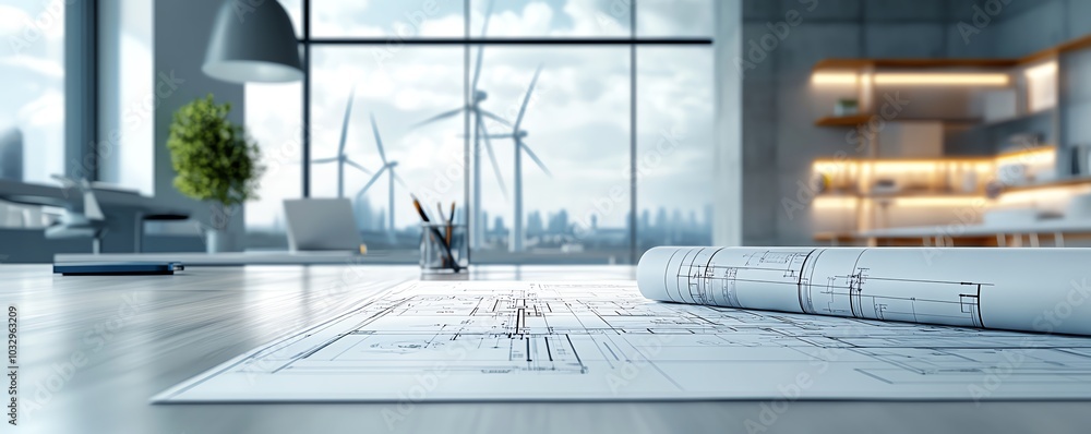 Poster An architects workspace featuring blueprints for wind turbine placement, with large wind turbines in the background highlighting renewable energy projects