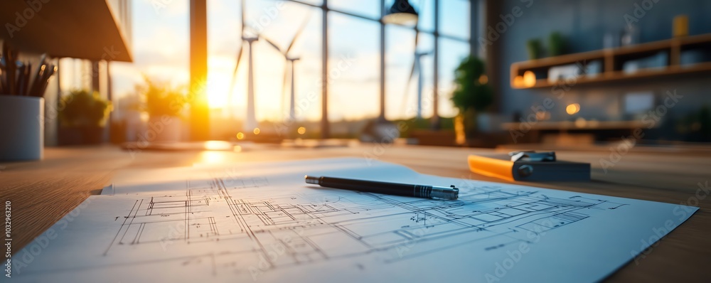 Poster An architects workspace featuring blueprints for wind turbine placement, with large wind turbines in the background highlighting renewable energy projects