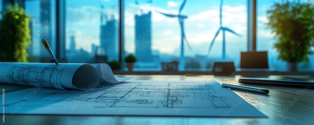 Poster An architects workspace featuring blueprints for wind turbine placement, with large wind turbines in the background highlighting renewable energy projects