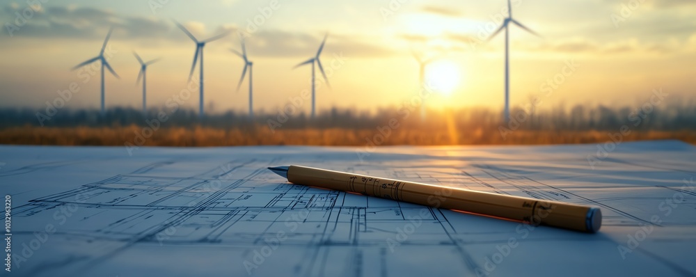 Poster An architects workspace featuring blueprints for wind turbine placement, with large wind turbines in the background highlighting renewable energy projects