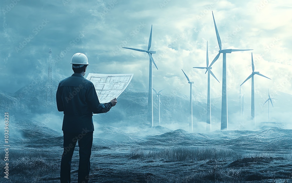 Poster an engineer reviewing blueprints for wind energy projects, with large wind turbines turning in the b