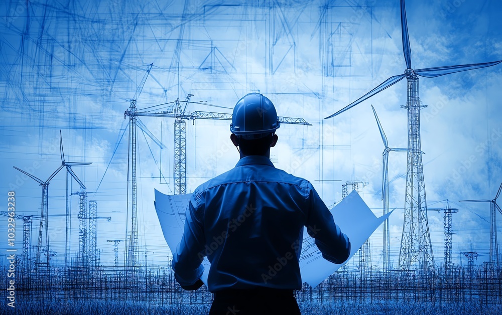 Poster An engineer reviewing blueprints for wind energy projects, with large wind turbines turning in the background, highlighting the commitment to clean energy