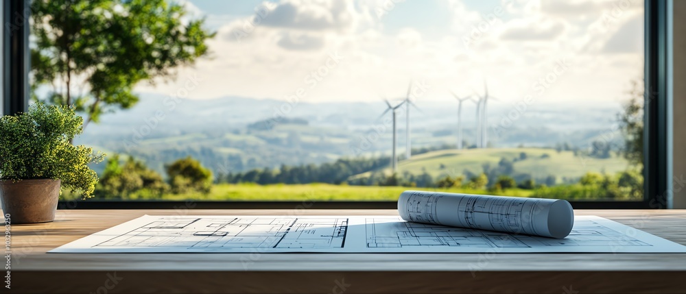 Poster Architectural blueprints displayed on a table, with a panoramic view of wind turbines on rolling hills in the background, symbolizing green energy solutions