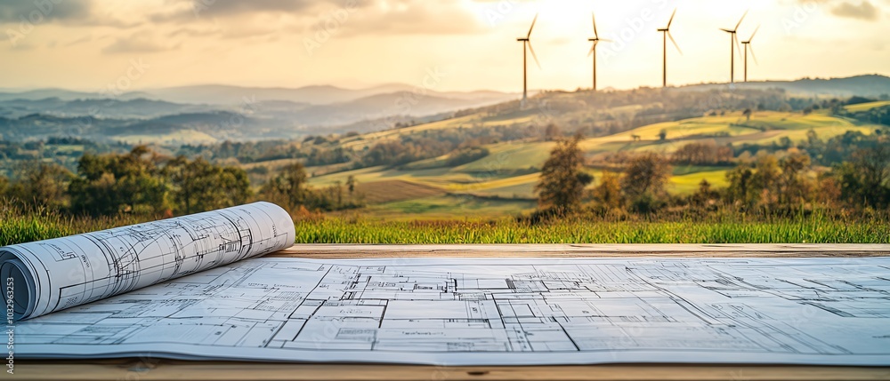Poster Architectural blueprints displayed on a table, with a panoramic view of wind turbines on rolling hills in the background, symbolizing green energy solutions