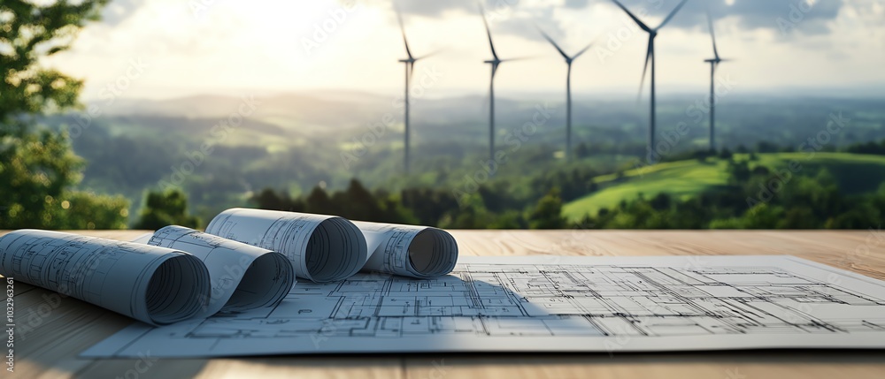 Poster architectural blueprints displayed on a table, with a panoramic view of wind turbines on rolling hil