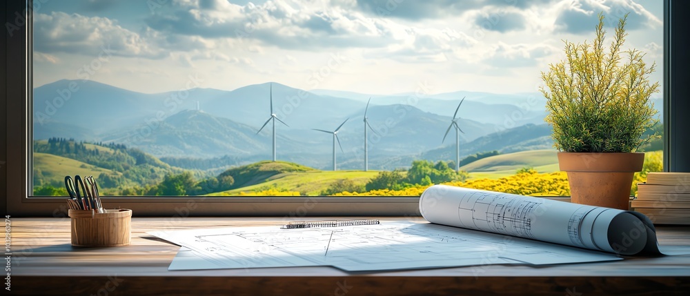 Aufkleber Architectural blueprints displayed on a table, with a panoramic view of wind turbines on rolling hills in the background, symbolizing green energy solutions