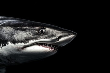 Mystic portrait of Great White Shark, copy space on right side, Close-up View, isolated on black...