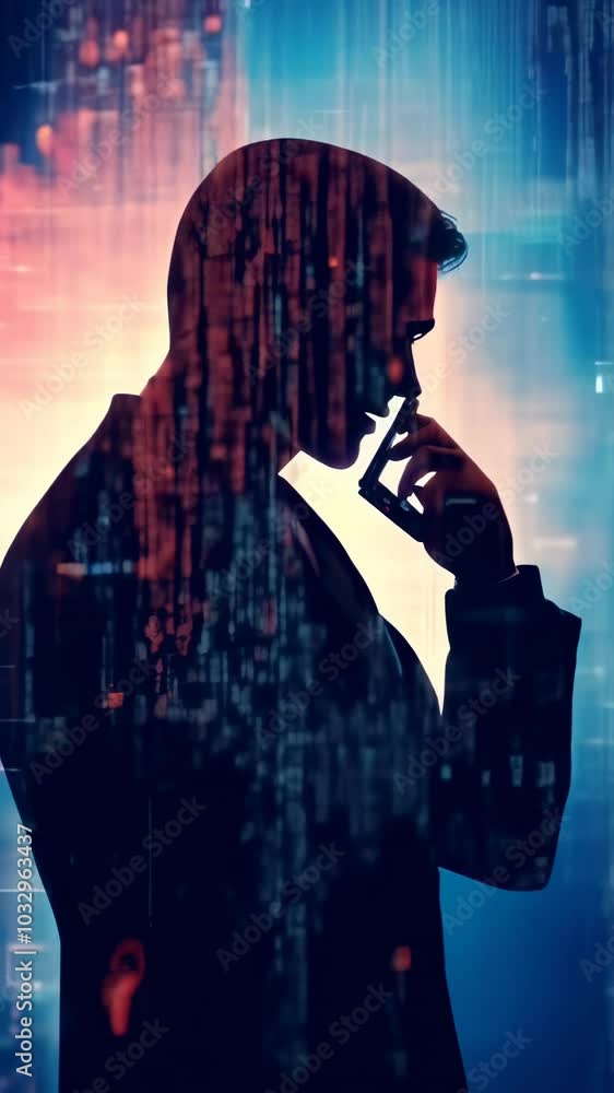 Aufkleber Software developer is deep in thought while talking on a cell phone, with digital code superimposed over his silhouette