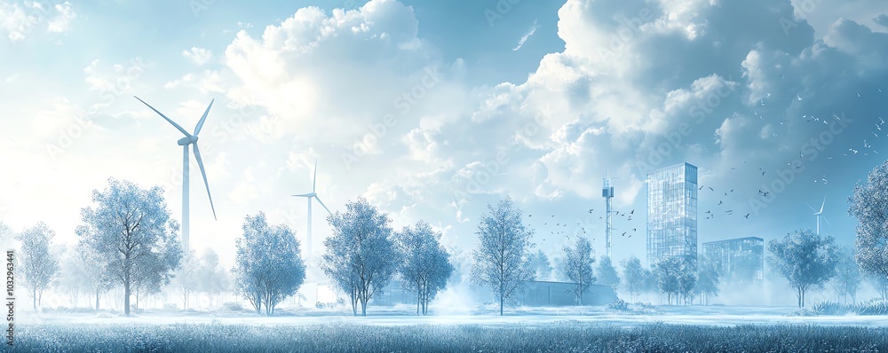 Poster blueprints of sustainable energy designs with wind turbines in the background, illustrating the inte