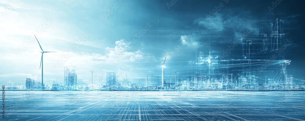 Aufkleber blueprints of sustainable energy designs with wind turbines in the background, illustrating the inte