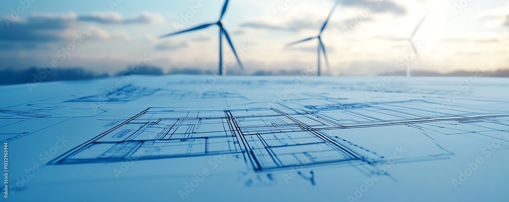 Poster blueprints of sustainable energy designs with wind turbines in the background, illustrating the inte