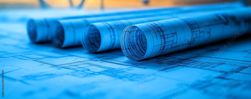 Aufkleber blueprints of sustainable energy designs with wind turbines in the background, illustrating the inte