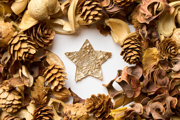 たくさんの落ち葉の中にある星型の装飾