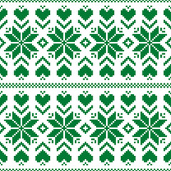 Traditional nordic star knit white green Raster Pattern. Retro fair isle pixelated knitting texture seamless pattern.