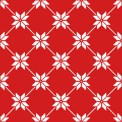 Classic winter Nordic Star pixelated red Raster Pattern. Retro knit snowflake mosaic seamless pattern.