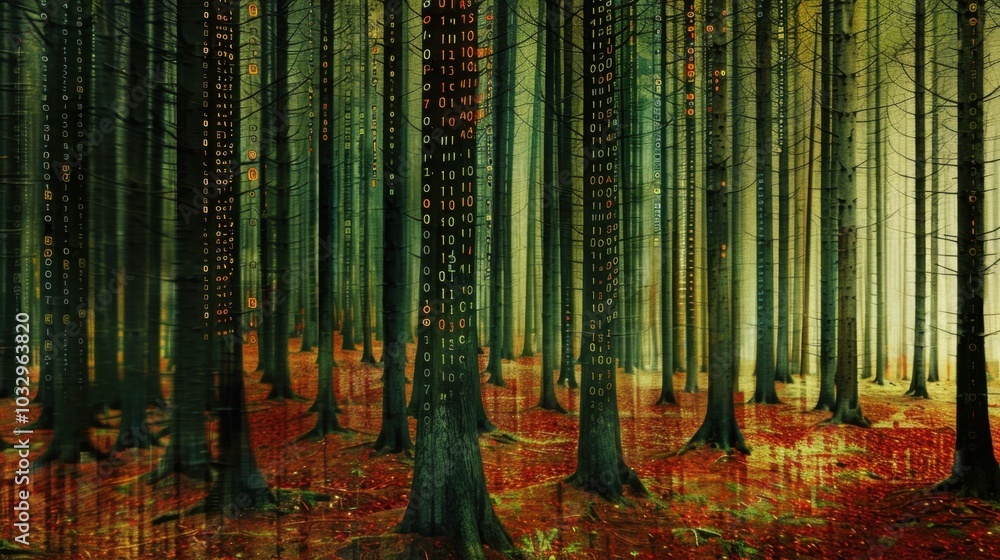 Aufkleber enchanted forest with digital binary code motif